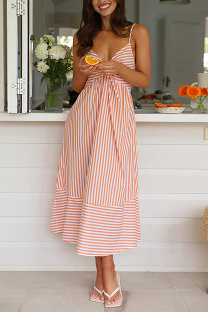 V Neck Lace-up Striped Midi Cami Dress