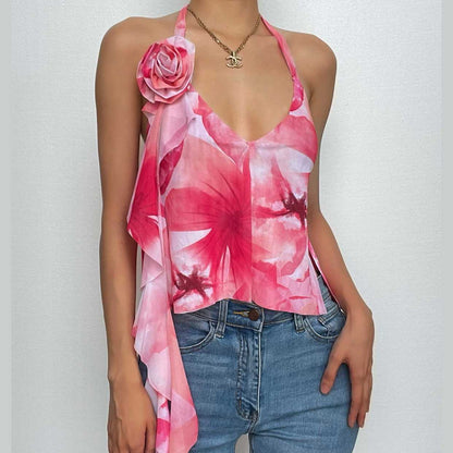 Backless v neck flower applique ribbon contrast slit self tie crop top