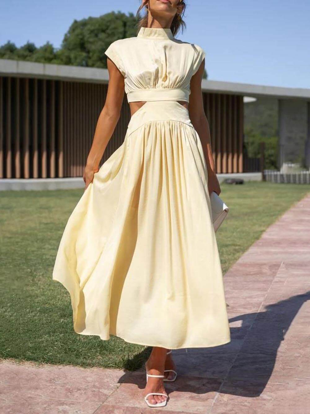 Mock Neck Sleeveless Waist Cutout Pocketed A-Line Midi Dress