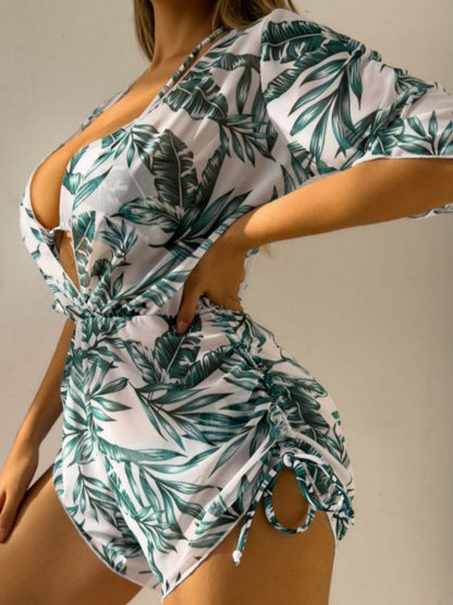 Leaf Print Waist-cinching Tie Long-sleeved Sun Protection Bikini Three-Piece Set