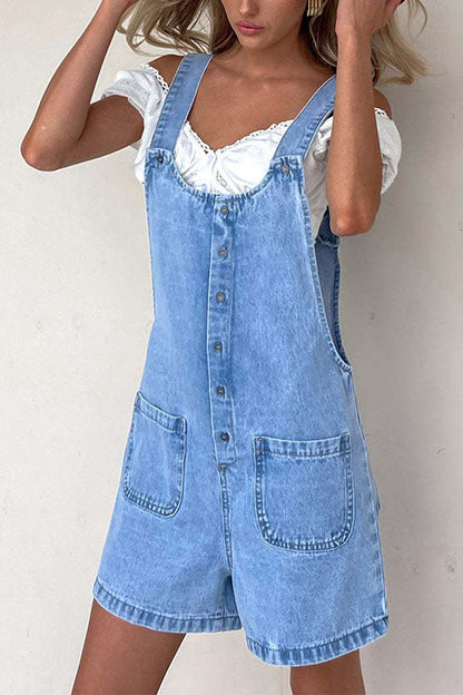 Button Up Pocketed Denim Romper