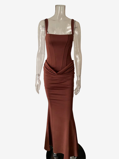 Square Neck Bodycon Lace Up Back Ruched Mermaid Maxi Party Dress For Women 2026