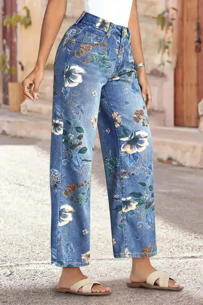 Floral Print Loose Pocket High-waisted Wide-leg Jeans