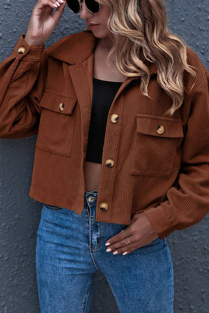 Flap Pockets Turn Down Collar Corduroy Shacket