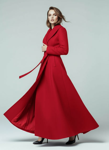 Woolen Belted Maxi Coat With Shawl Collar And Double-breasted For Women 2026