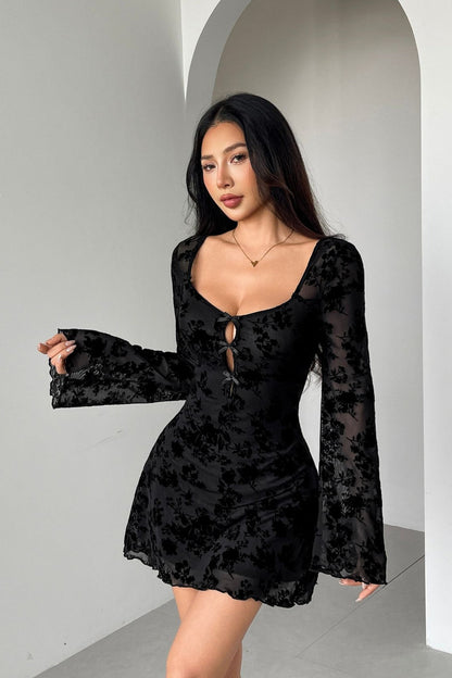 Scoop Neck Bow Tie Keyhole Cutout Burnout Velvet Floral Bell Sleeve Mini Dress