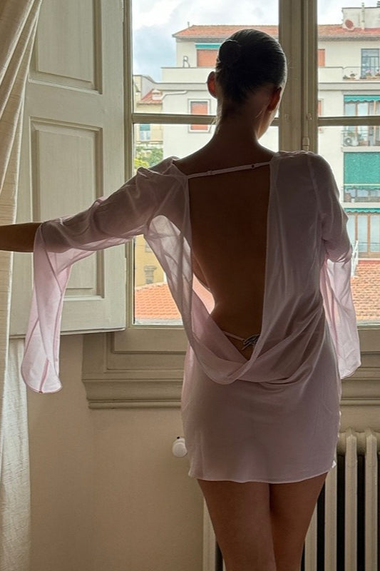 Sheer Chiffon Cowl Neck Bell Sleeve Backless Mini Dress