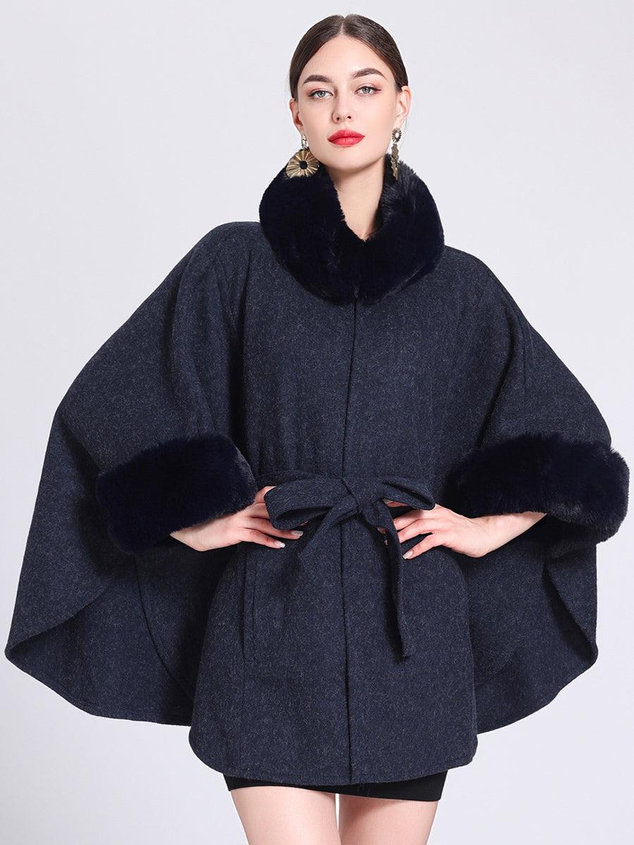 Women Poncho High Collar Light Gray Oversized Faux Fur Cape
