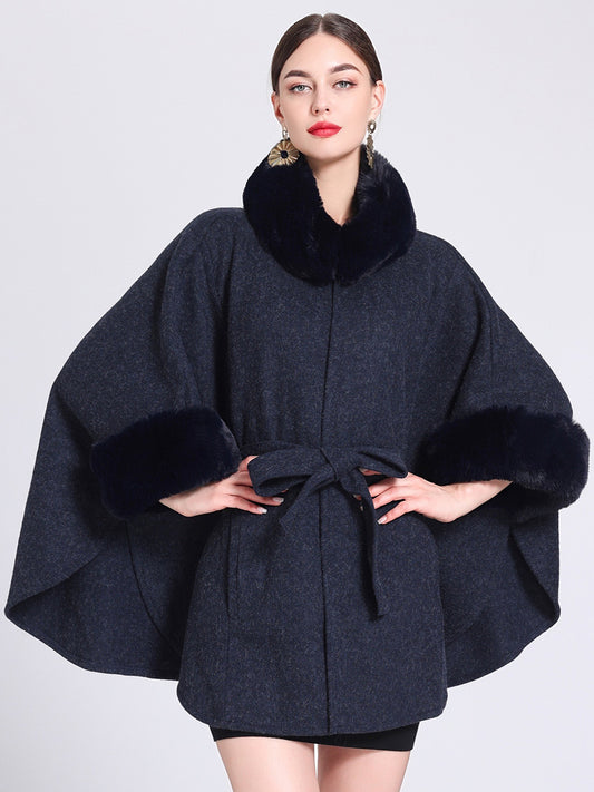 Women Poncho High Collar Light Gray Oversized Faux Fur Cape