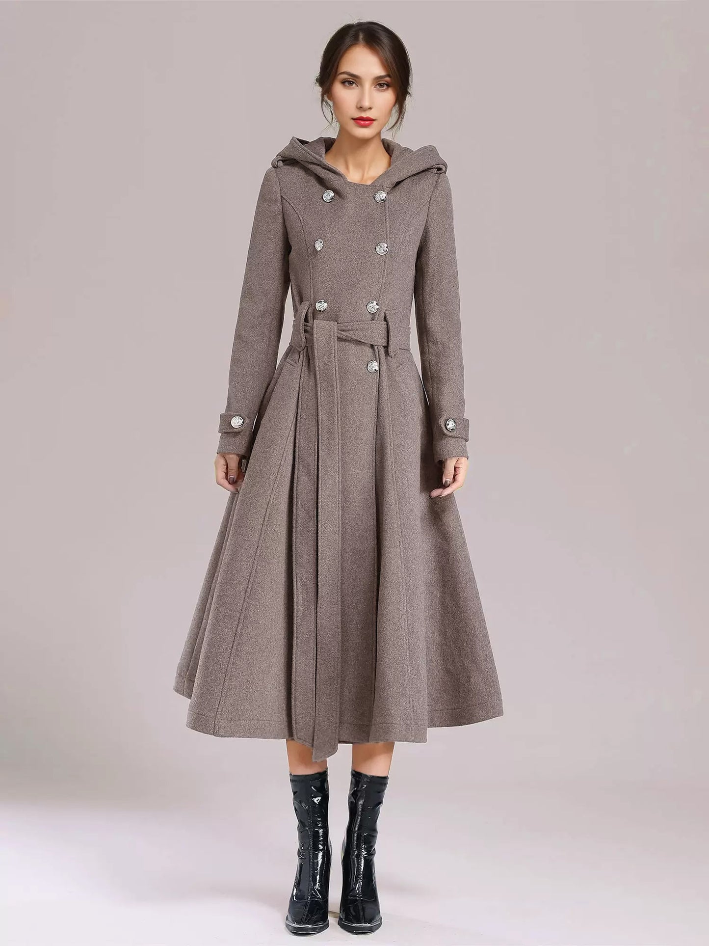 Double-breasted Woolen Coat With Hood Burgundy Belted Winter Long Outerwear For Women 2026
