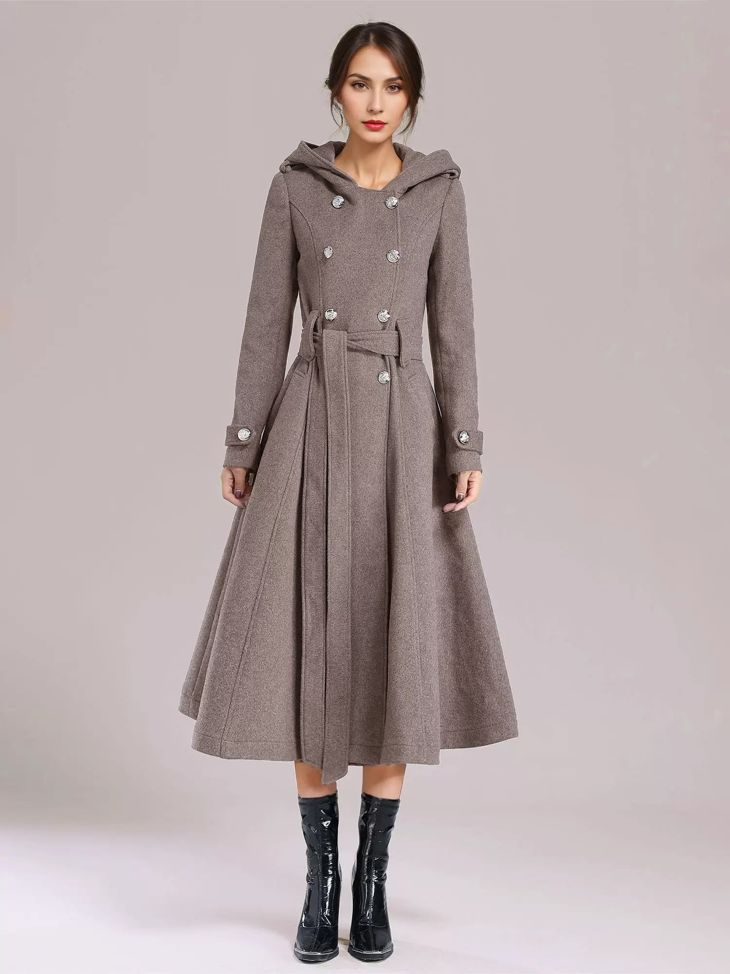 Double-breasted Woolen Coat With Hood Burgundy Belted Winter Long Outerwear For Women 2026