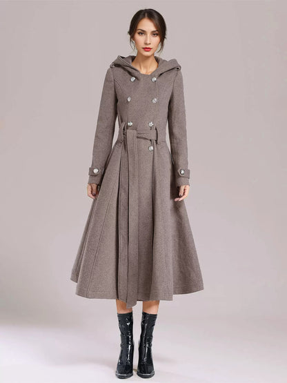 Double-breasted Woolen Coat With Hood Burgundy Belted Winter Long Outerwear For Women 2026