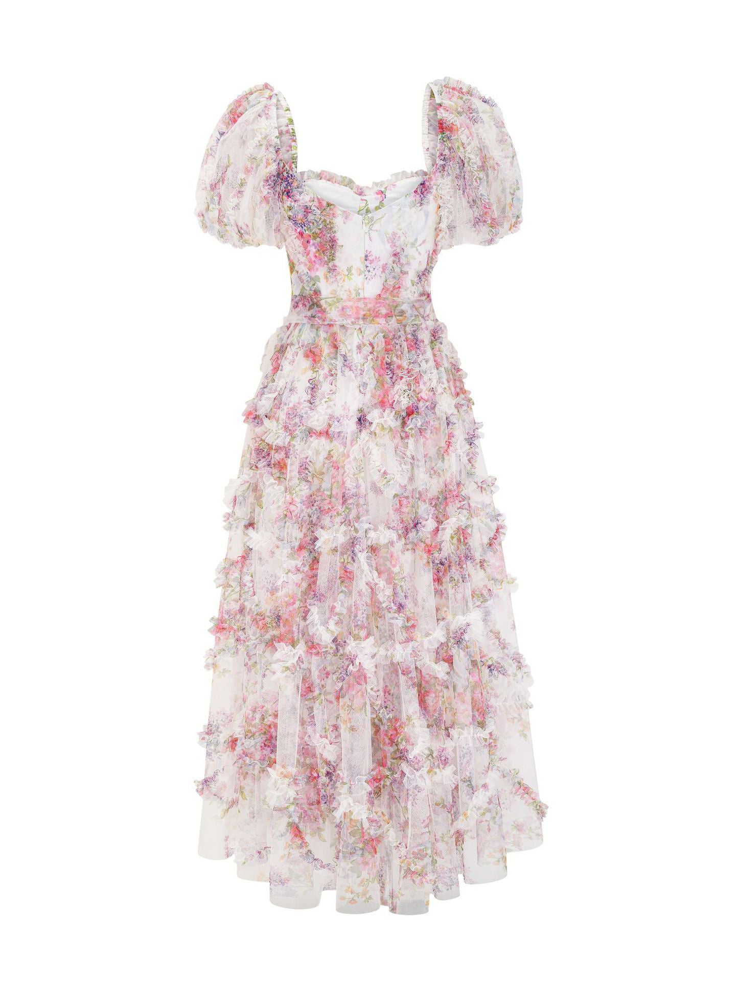 Floral Dress Floral Print Puff Sleeves Belted Sweet Party Prom Maxi Dresses