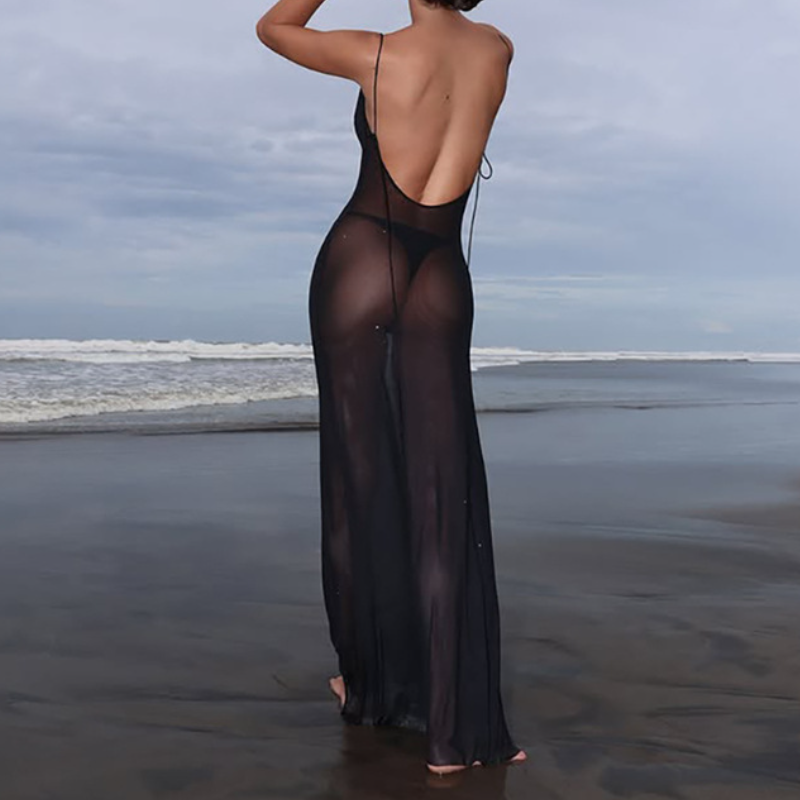 Cowl neck mesh backless cami maxi dress