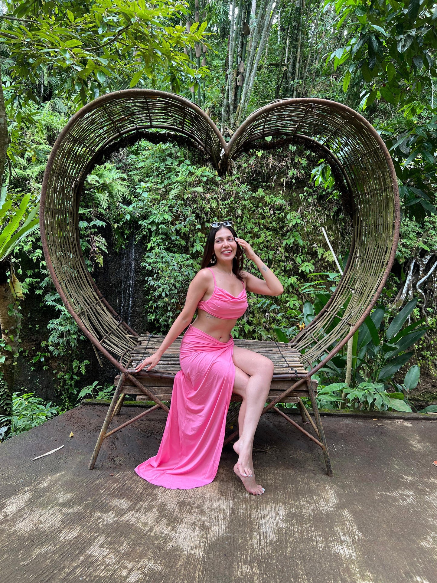 Ruched Spaghetti Strap Crop Top & High Slit Skirt Coord Set