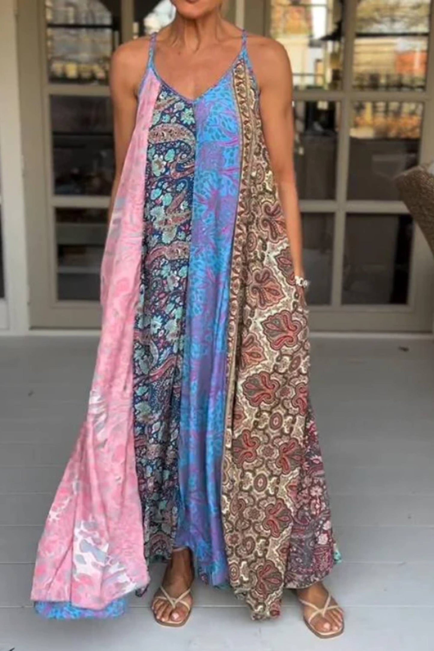 Unique Printed Loose Holiday Strap Big Hem Maxi Dress