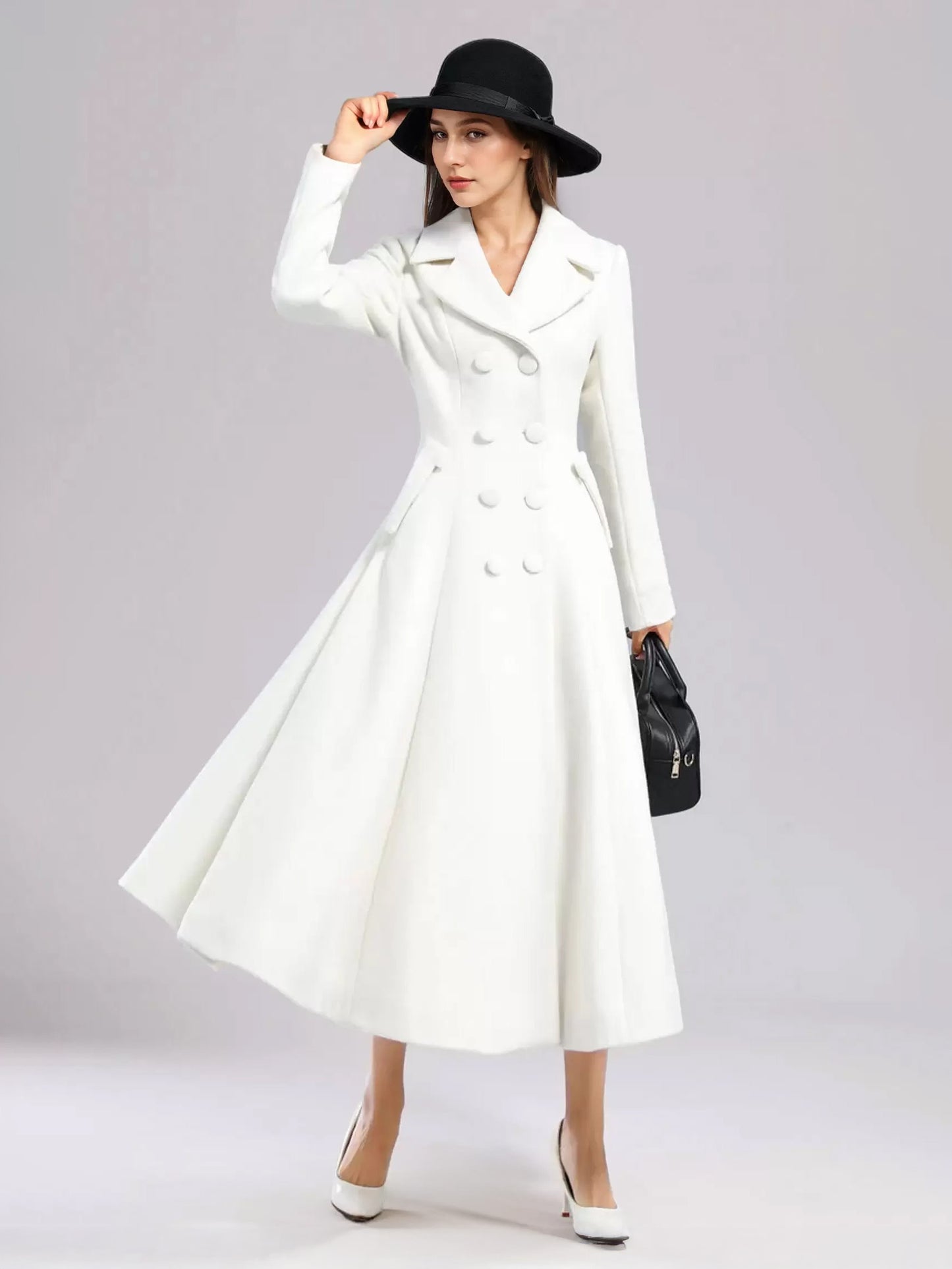 White Woolen Flared Coat For Woman Wide Lapel Double-breasted Winter A-line Midi Outerwear 2026