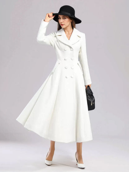 White Woolen Flared Coat For Woman Wide Lapel Double-breasted Winter A-line Midi Outerwear 2026