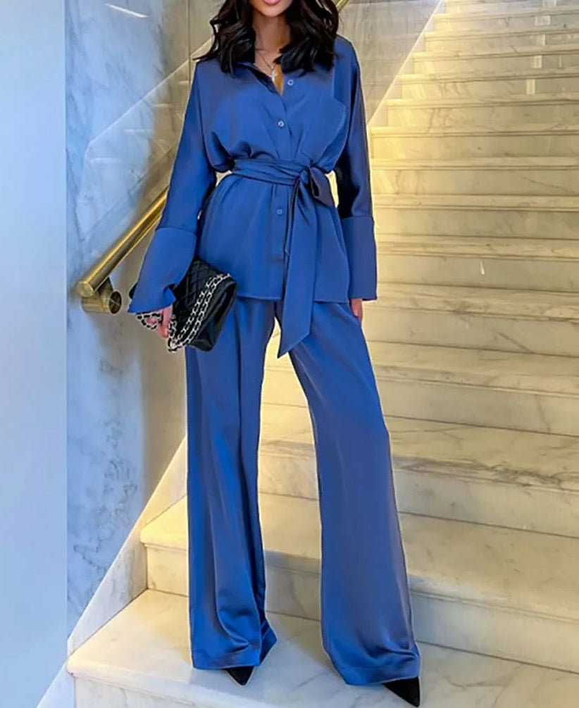 Blue Satin Lace-Up Straight Trousers Office Two Piece Set