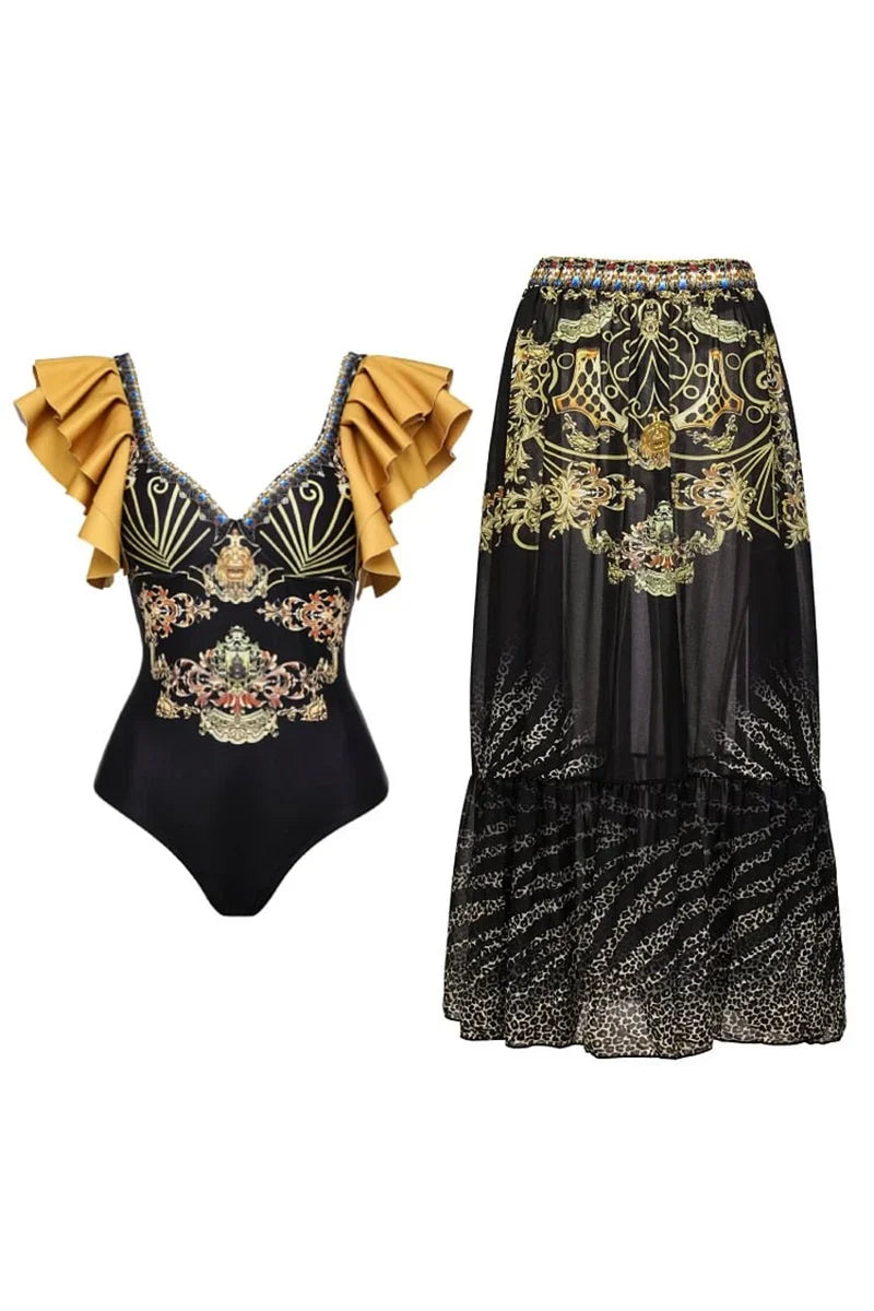 Black Gold Ruffle Swimsuit Set