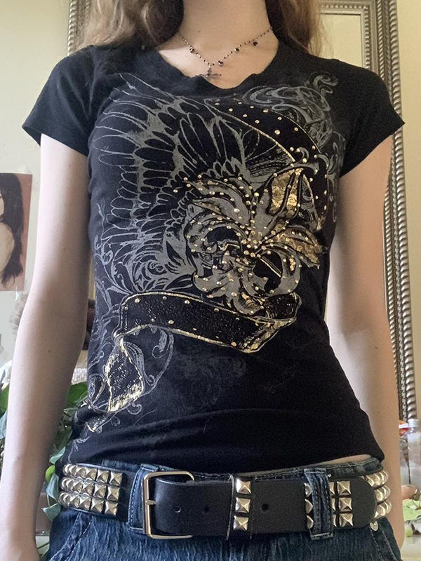 Black Vintage Printed Rhinestone Short Sleeve Tee