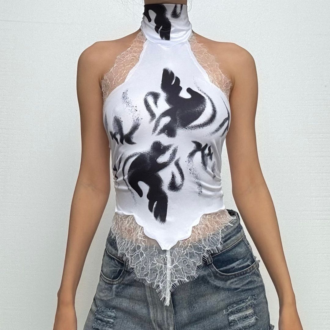 Halter button lace hem print backless top