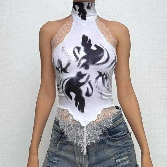 Halter button lace hem print backless top