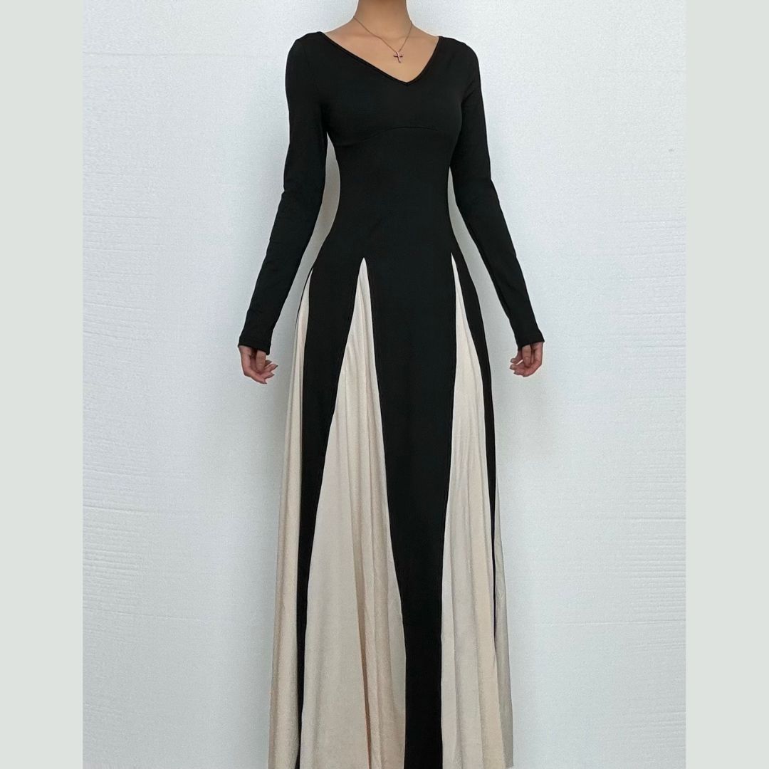Long sleeve v neck contrast patchwork maxi dress