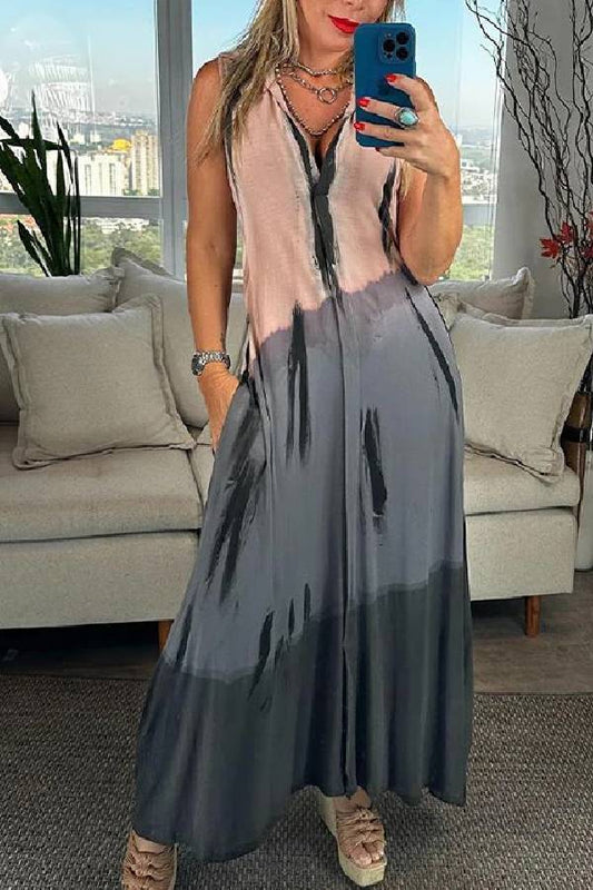 V Neck Sleeveless Color Block Printed Maxi Swing Dress