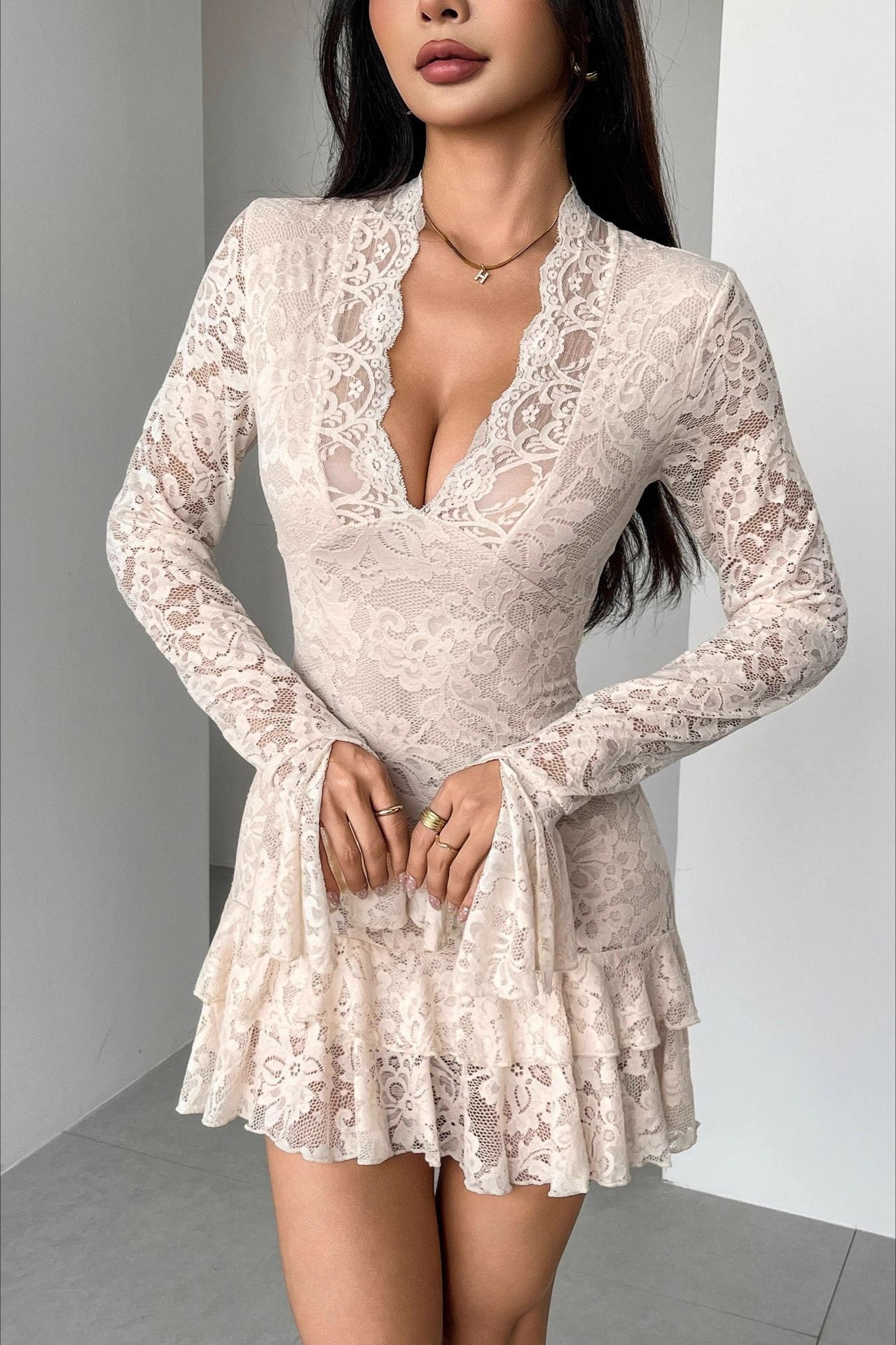 Floral Lace Deep V Scalloped Bell Cuff Tiered Ruffle Mini Dress