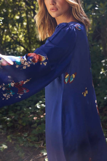 Butterfly Print Navy Blue Long Sleeve Loose Long Dress
