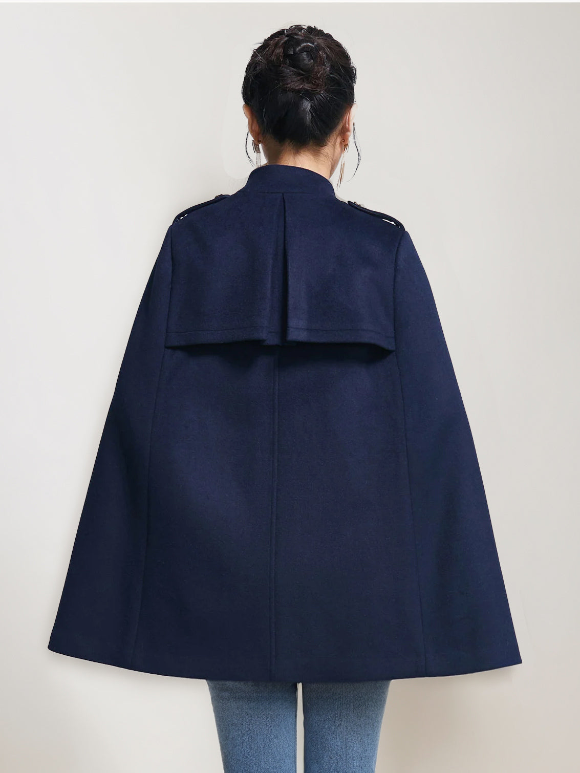 Woolen Cape Coat For Women Stand Collar Dark Navy Double-breasted Winter Poncho Outerwear 2026