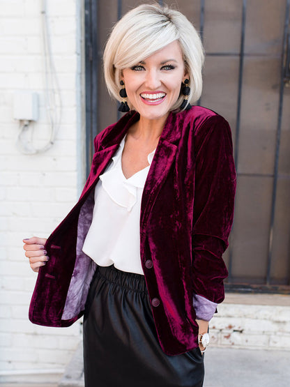 Velour Blazer Jacket For Women Green Burgundy Solid Color Casual Slim Fit Spring Fall Street Outerwear