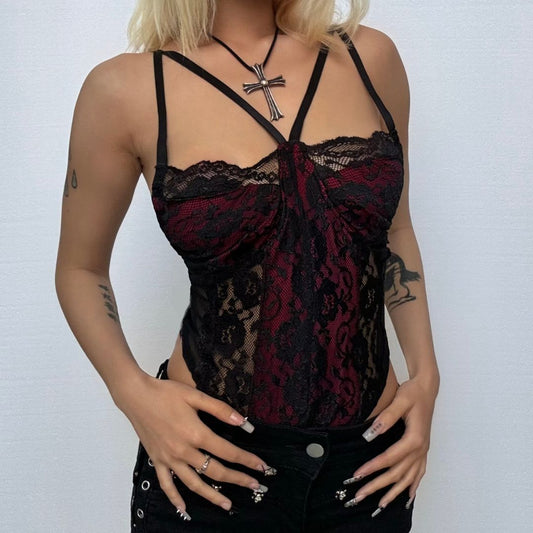 Patchwork v neck lace contrast bodysuit