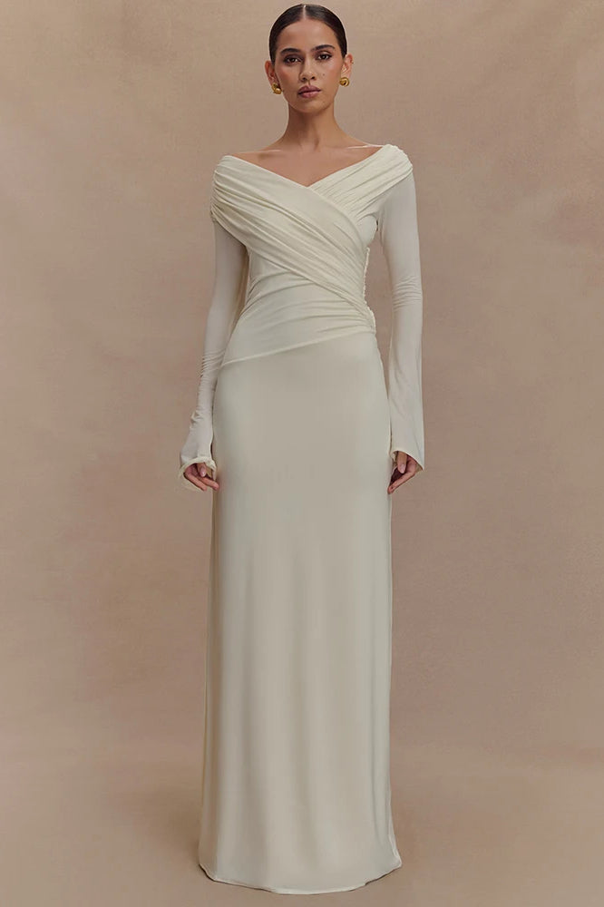 Off Shoulder Ruched Wrap Long Sleeve Column Maxi Dress