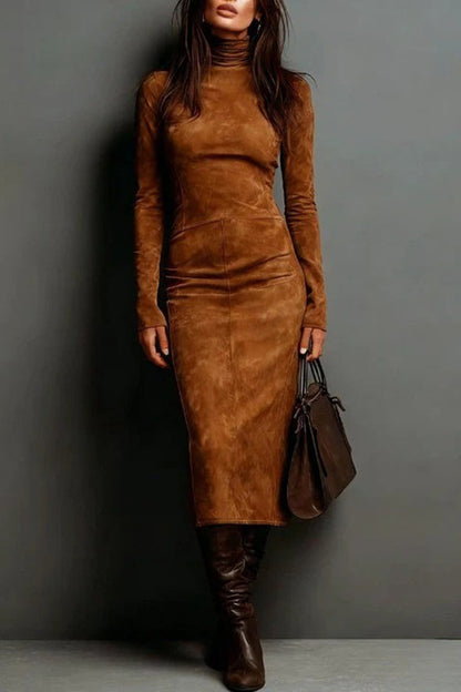 Stylish High-neck Long-sleeved Slim-fit Midi Dress