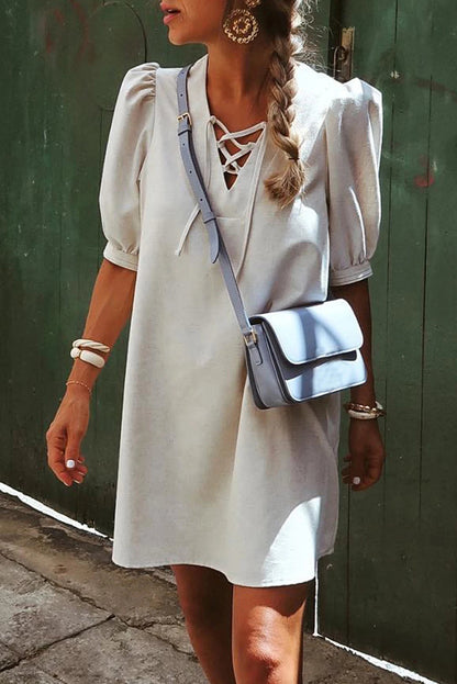 Beige Lace Up V Neck Bubble Sleeve Short Shift Dress