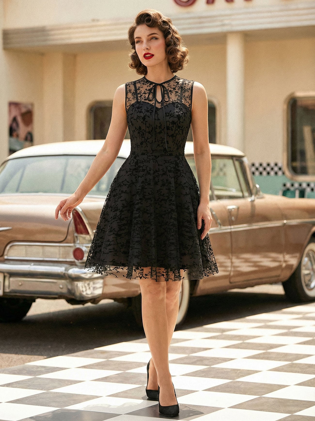 Embroidered Dress Round Neck Sleeveless Lace Up Retro Glamour Dresses