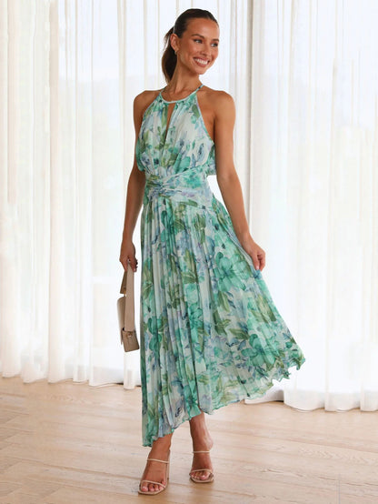 Print Maxi Dresses Floral Sleeveless Halter Elegant Layered Pleated Backless Long Summer Dresses