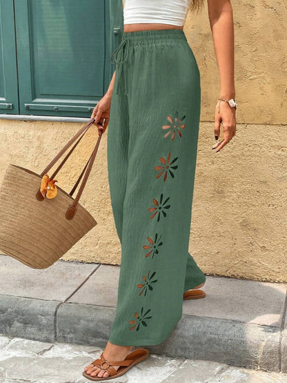 Minimalist Style Drawstring Hollow-out Solid Color Loose Wide-leg Trousers
