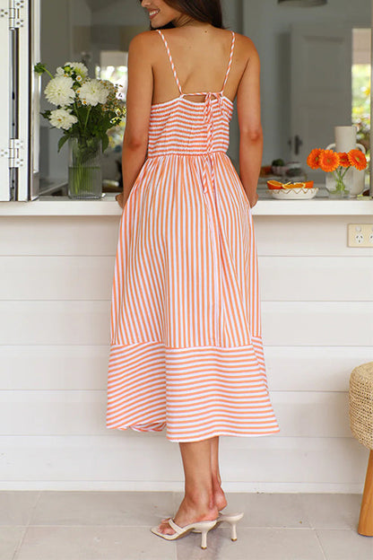 V Neck Lace-up Striped Midi Cami Dress