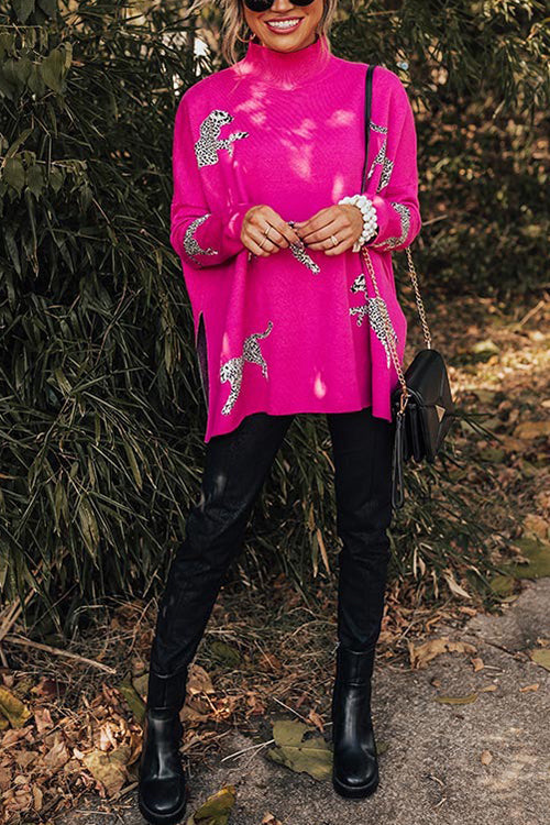 High Neck Side Slit Cheetah Pattern Sweater