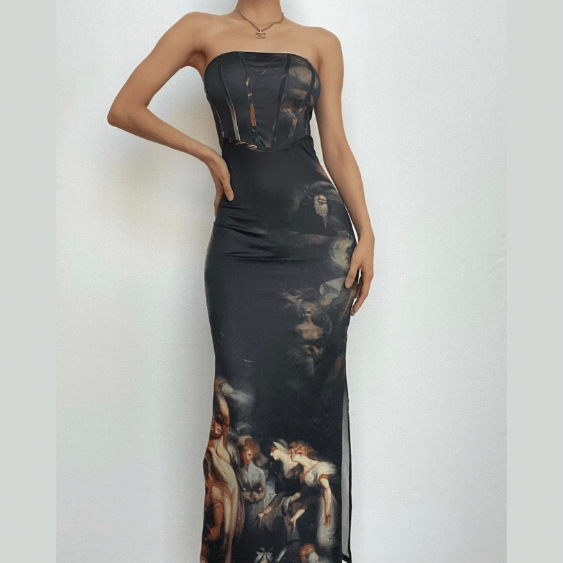 Renaissance Art Print Strapless Corset High Slit Maxi Dress