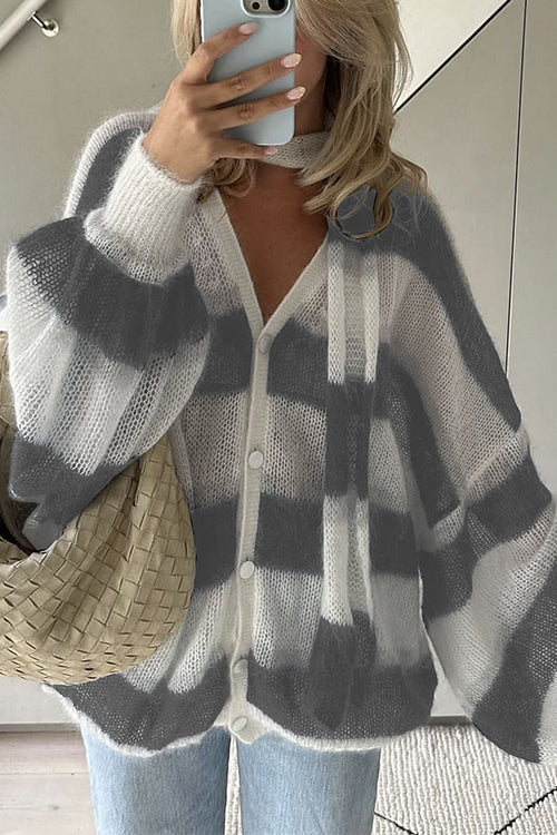 Lantern Sleeves Button Down Color Block Stripes Sweater with Scarf