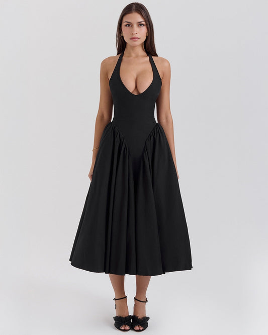 Women's V-Neck Corset Style Midi Dress – Sleeveless Elegant Fitted Tulle Dress