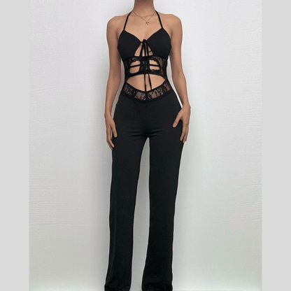 Halter hollow out solid backless pant set