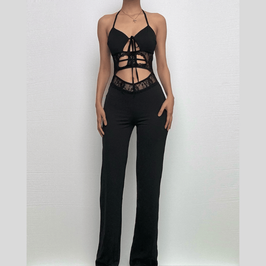 Halter hollow out solid backless pant set
