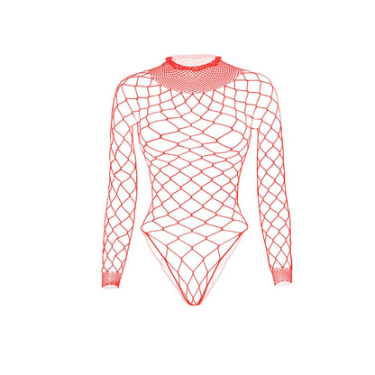 Long sleeve high neck fishnet diamond pattern bodysuit