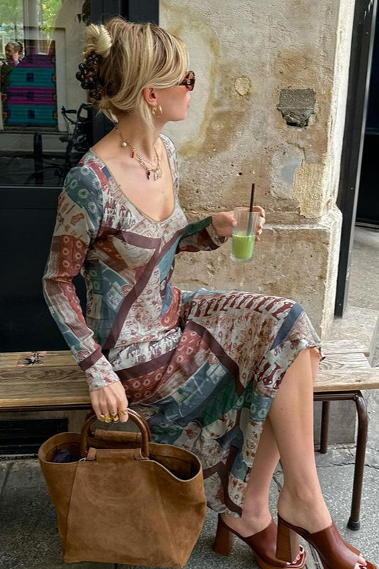 Vintage Floral Print V-Neck Bodycon Maxi Dress