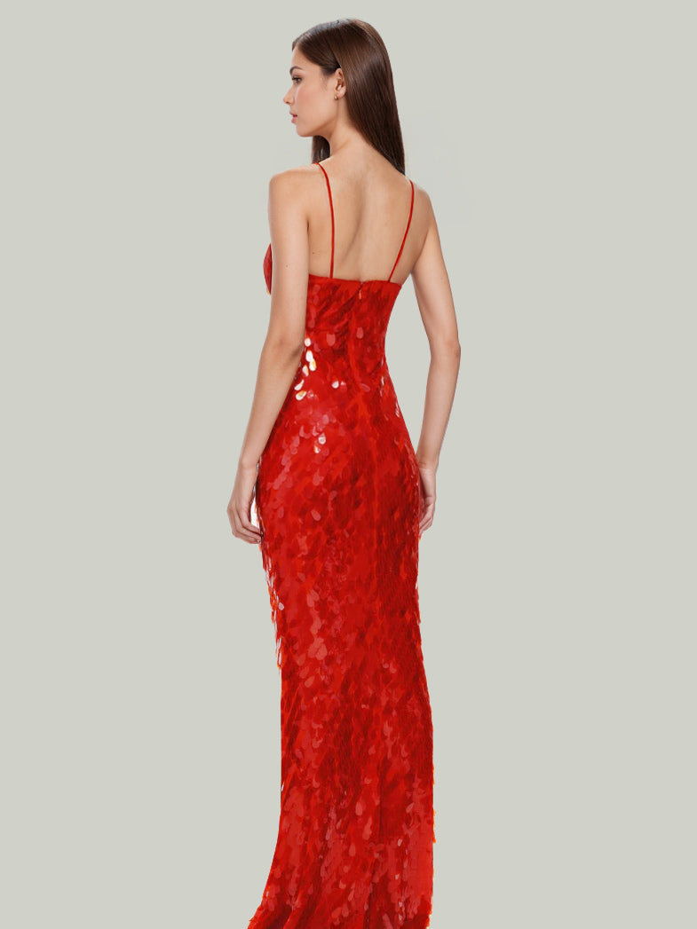 Sequin Maxi Dress In Red Deep V-neck Spaghetti Straps Sexy Formal Party Long Dress For Women 2026